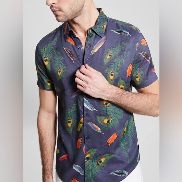 New GUESS SS ECO RAYON FEATHR SHIRT SZ M - Picture 2 of 9